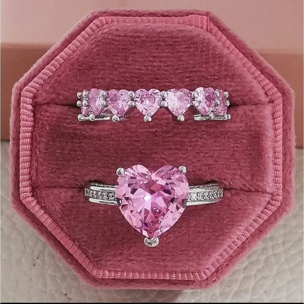 ✨️ 925 Sterling Silver Plated Heart Double Band Ring Set